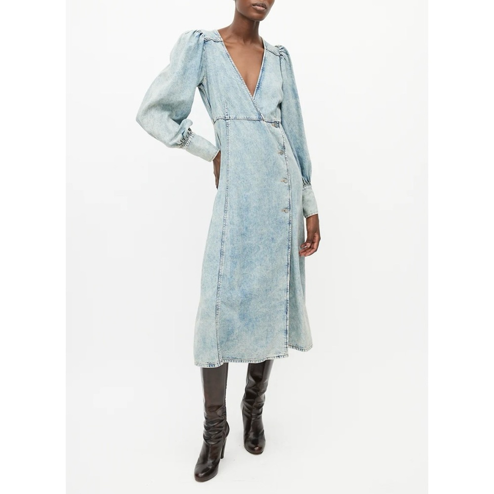 GANNI denim puff sleeve midi dress blue